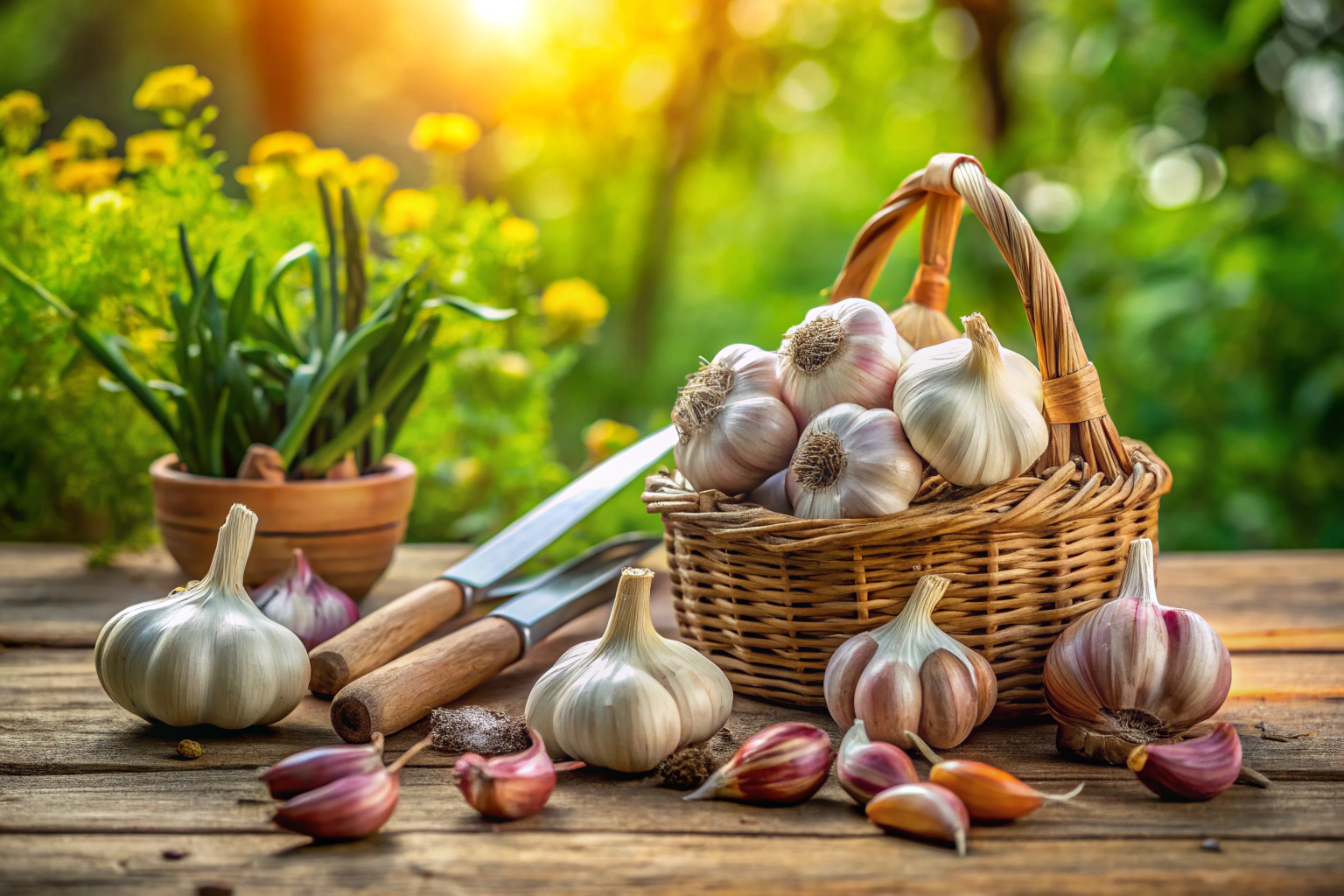 Variété de bulbes d ail frais disposés sur un fond naturel avec des outils de jardinage