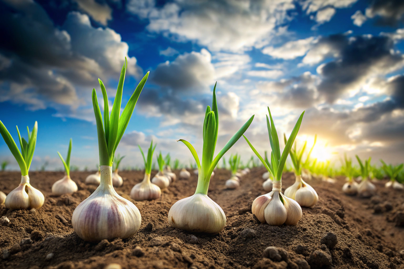 Gousses d ail plantées en rangées dans un sol meuble et fertile, avec de jeunes pousses vertes émergeant, sous un ciel nuageux