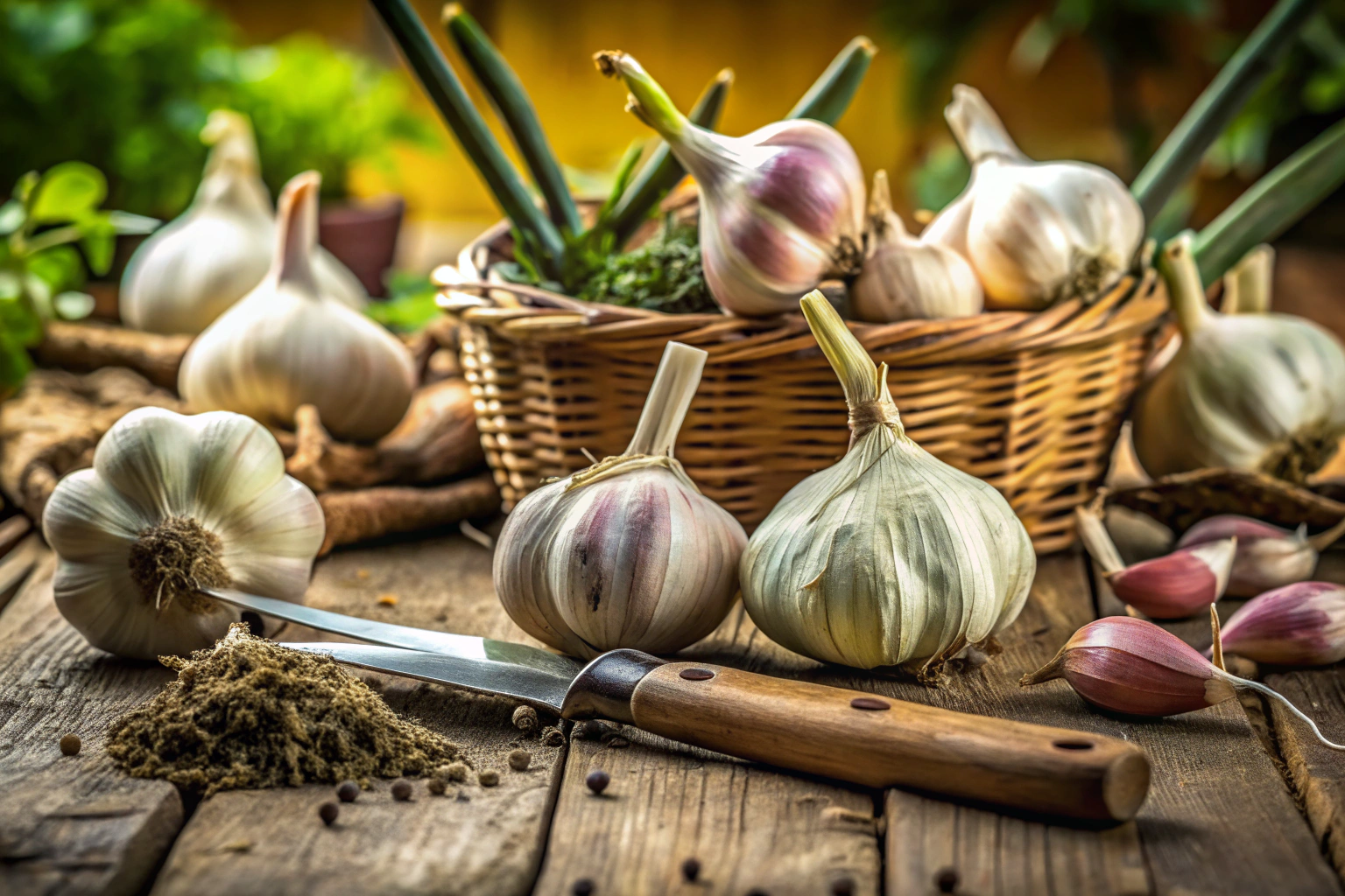 Photographie artistique en gros plan de bulbes d ail frais posés sur une table en bois rustique, entourés de terre et d outils de jardinage, évoquant la simplicité et l authenticité de la culture