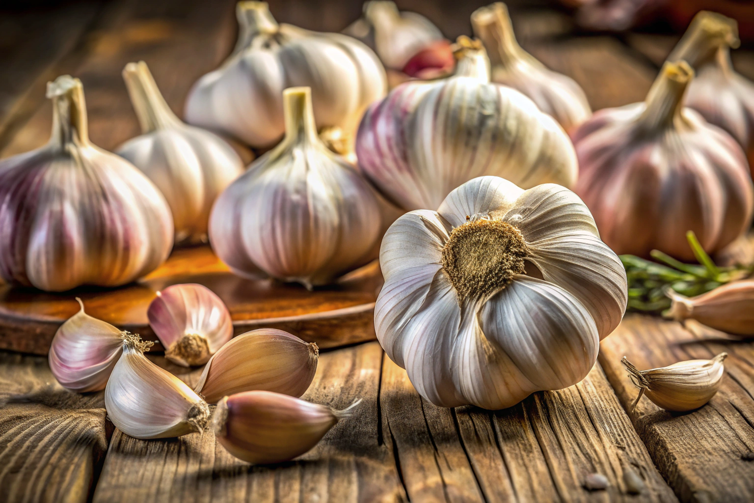Close-up of fresh garlic bulbs with cloves separated, arranged on a rustic wooden background under soft sunlight, highlighting natural textures and earthy tones