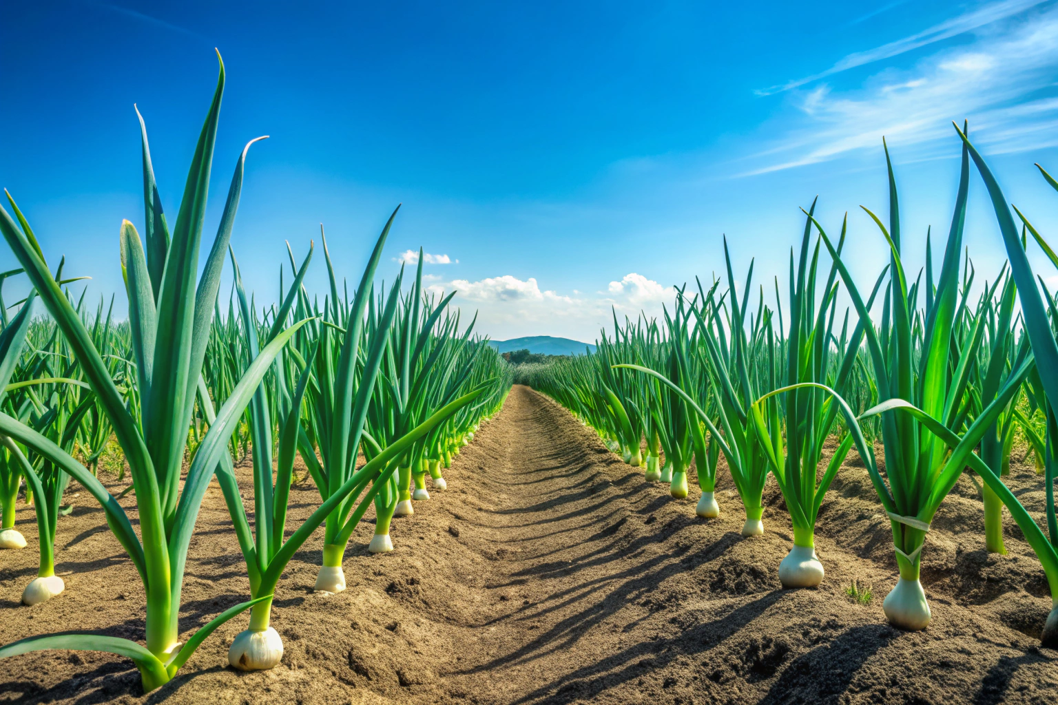 Un champ d ail verdoyant avec des plants en croissance, sous un ciel dégagé, sans éléments de marque ou de texte